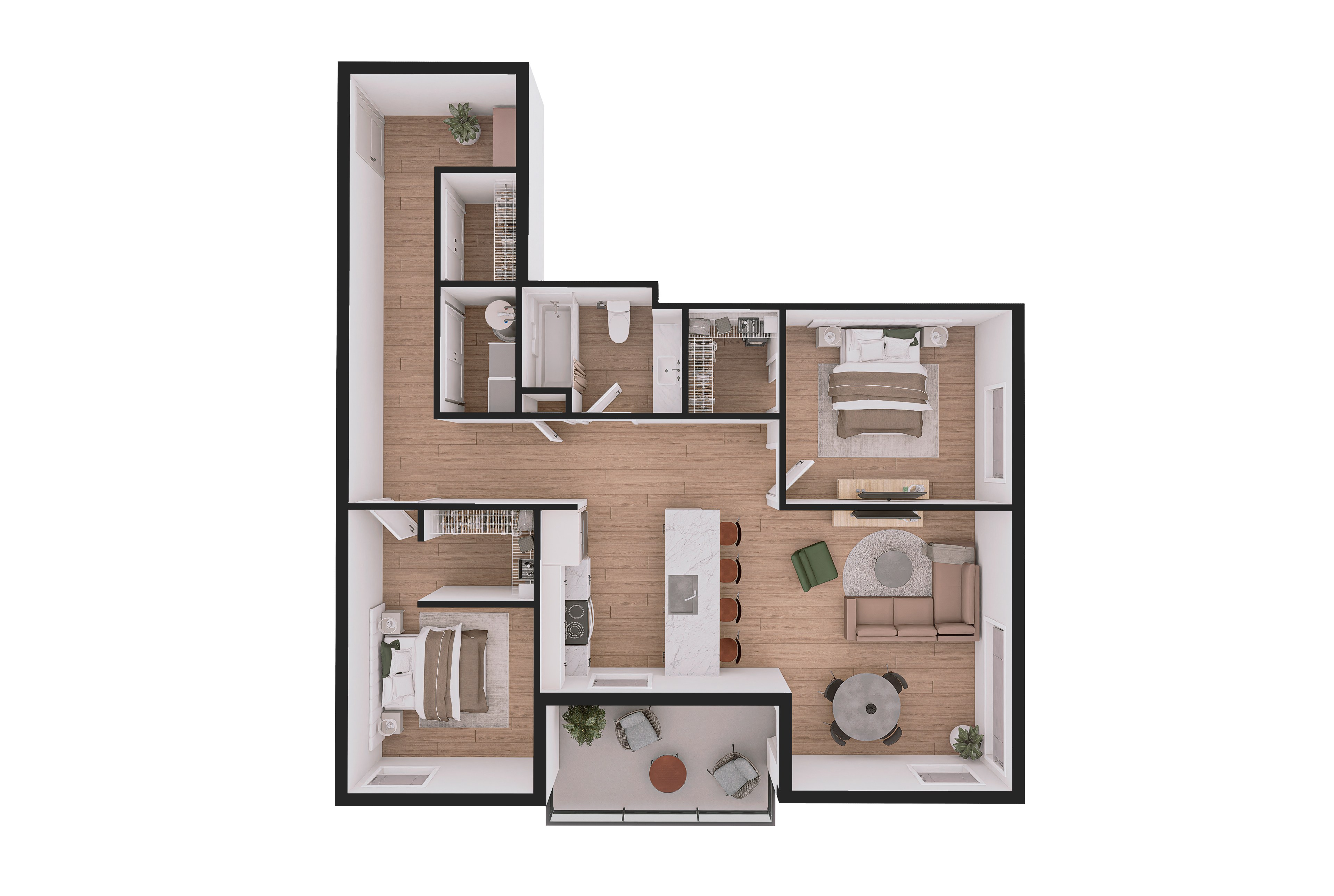 Floor plan for 2 beds, 1 bath, 891 sqft